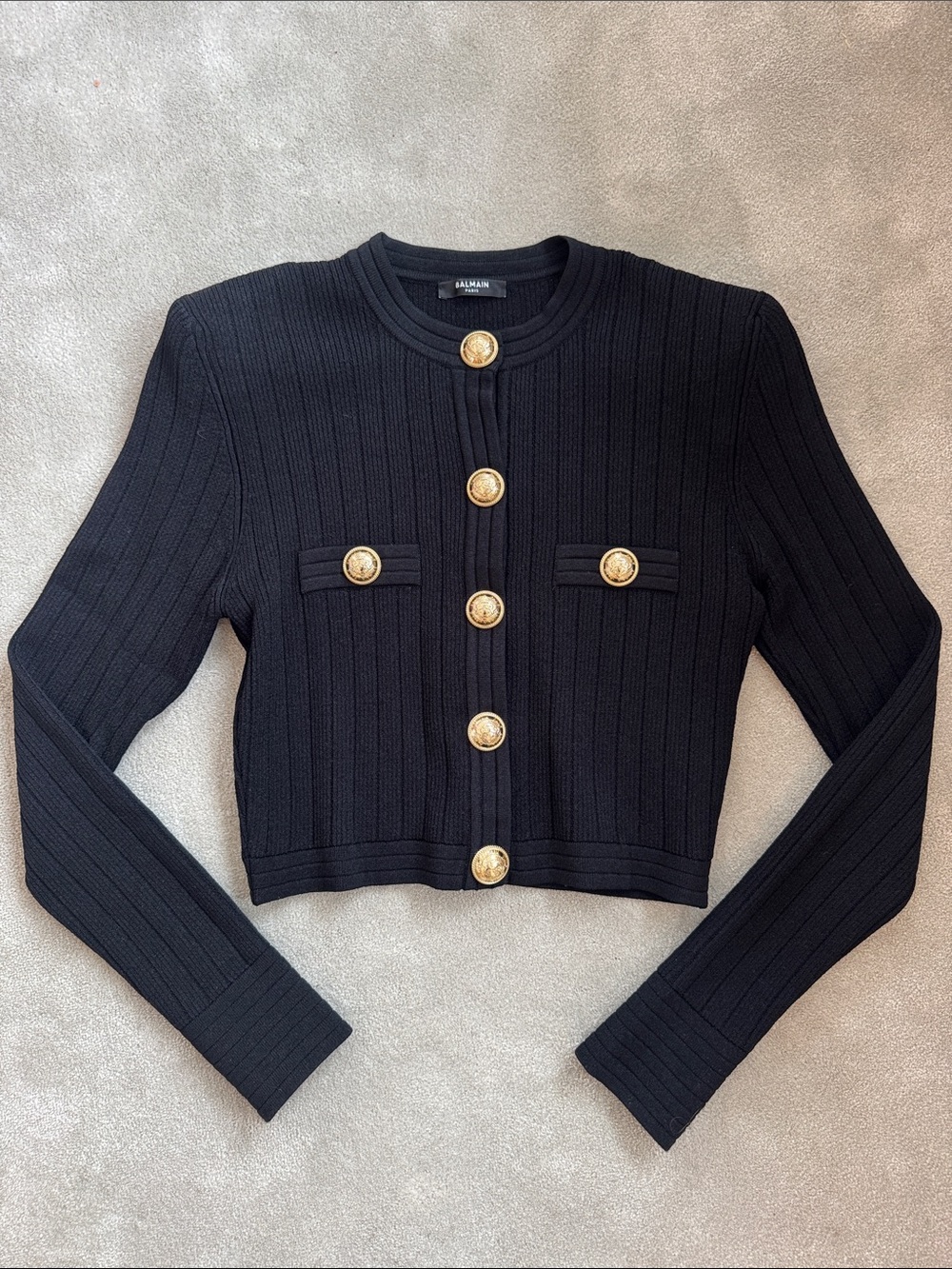 Balmain Black Ribbed Cropped Cardigan with Gold Medallion Buttons, size 38